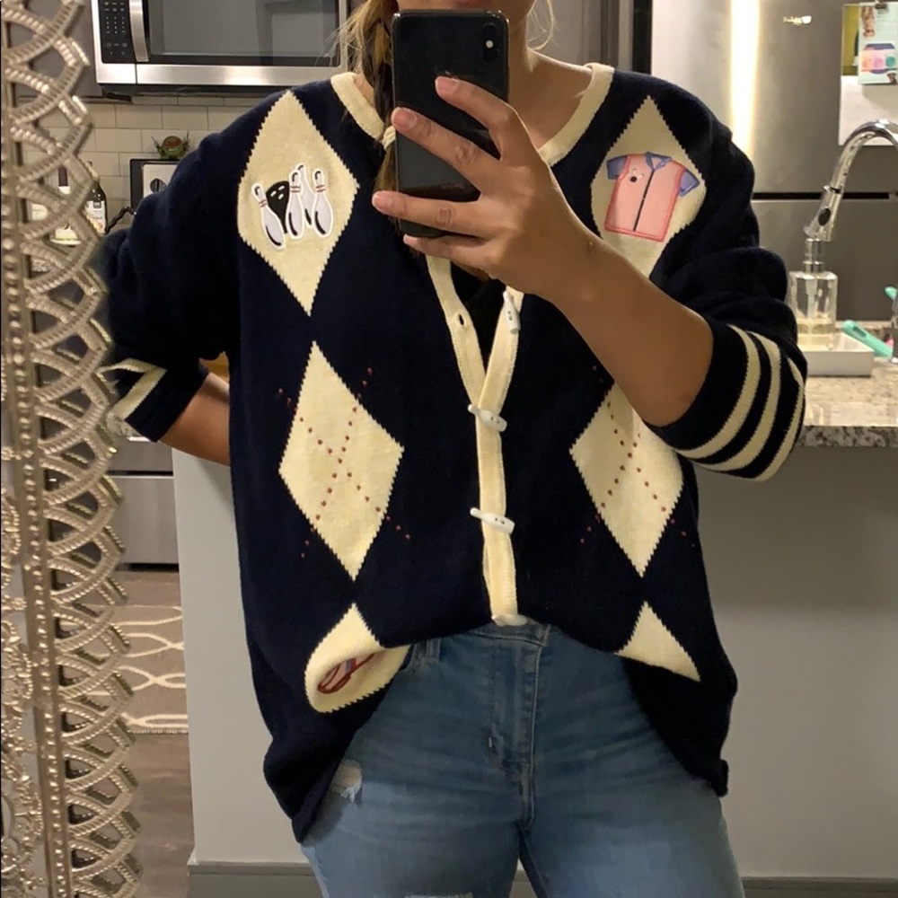 Quirky bowling sweater by CJ Banks